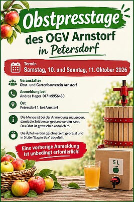 Banner Obstpresstage bei Hager Andrea, Petersdorf am 10. und 11. Oktober