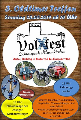 Banner 3. Schlosspark VolXfest Mariakirchen "Frühschoppen, Oldtimer Treffen, Mittagstisch, Showeinlage mit den "Zeiinger Maibaumsteigern", Musikalische Unterhaltung mit der Band "Biertischmusi", Festprogramm als Dateianhang (bei Weiterlesen)