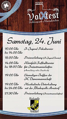 Banner 4. Schlosspark VolXfest Mariakirchen, Musikalische Unterhaltung mit der Blaskapelle Arnstorf, F-Jugend Pokalturnier, Kleinfeld Fußballturnier für Freizeitmannschaften, Ehemaligen Treffen der FC Damenmannschaft 