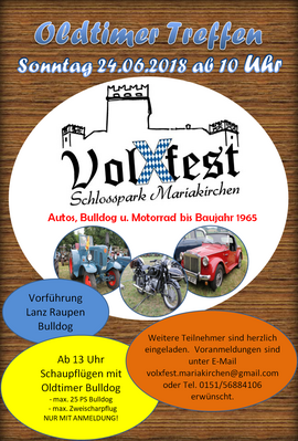 Banner 2. Schlosspark VolXfest Mariakirchen "Frühschoppen mit den Strouh Huat Buam", Oldtimer Treffen, Mittagstisch, Schaupflügen mit Oldtimer Bulldog